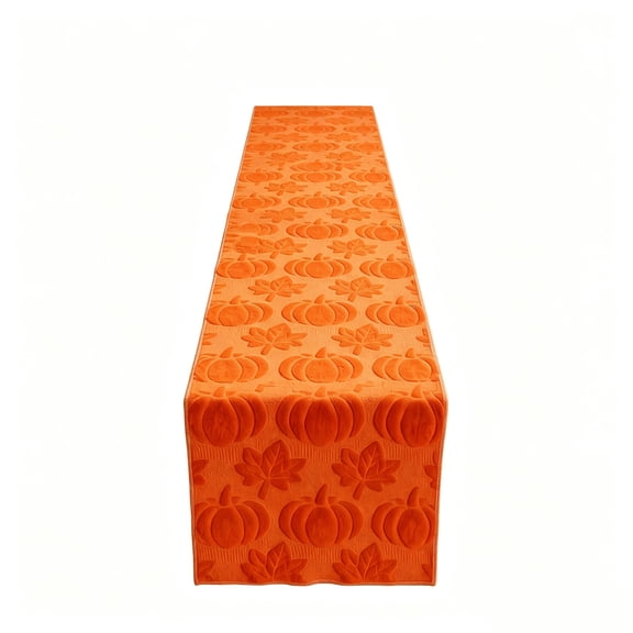 Table Runner Orange Embossed Pumpkin Maple Leaf Design 1 Pack for Halloween Fall Harvest Thanksgiving Dining Room Kitchen Seasonal Home Decor
