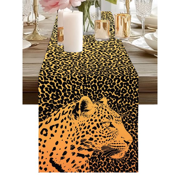 Table Runner Orange Leopard Table Runners Wild Portrait Animal Skin Fur Cotton Linen Dresser Scarf Kitchen Dining Table Decor for Holiday Party Home Decor 13x36 Inch