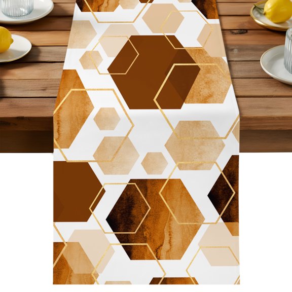 Table Runner Orange White Gold Geometric Decorative Table Runner for Kitchen Modern Abstract Hexagon Pattern Dinning Runner for Party Wedding Holiday Indoor Outdoor 13x36inch