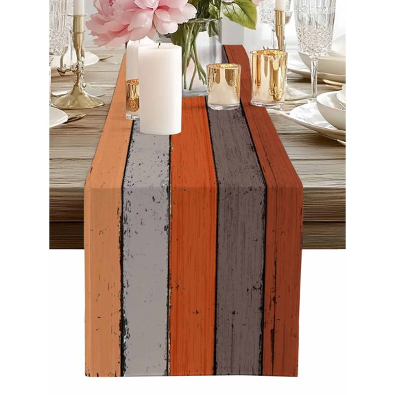 Table Runner Orange Wood Grain Table Runners Rustic Brown Wooden Stripe Cotton Linen Dresser Scarf Kitchen Dining Table Decor for Home Dinner Party Decor 13x36 Inch