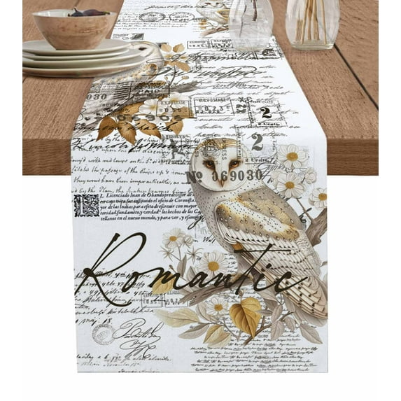Table Runner Owl Tree Leaves Branch Flower Table Decoration for Kitchen Dinning Retro Postmark Table Decoration for Indoor Outdoor Party Wedding Decor 13x72 Inch