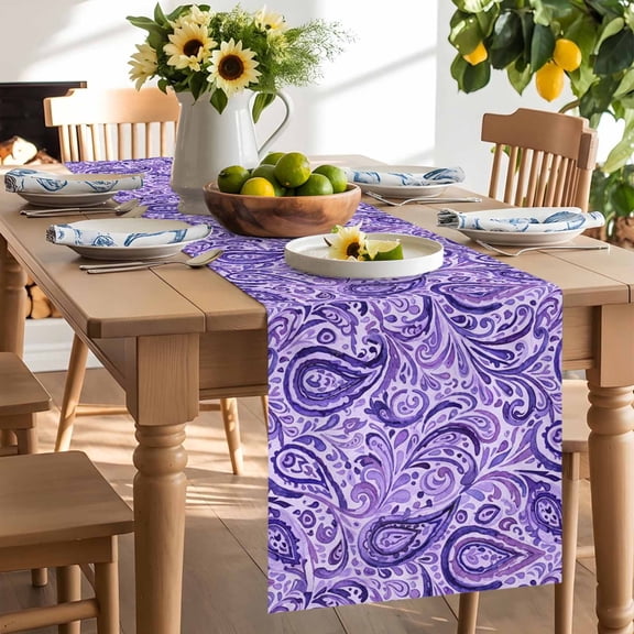 Table Runner Paisley Floral Vintage Ethnic Dresser Scarves 13x70 Inch,Linen Table Runners Abstract Geometric Purple Tablerunner for Home Dining Indoor Outdoor Wedding Party Tabletop Decor