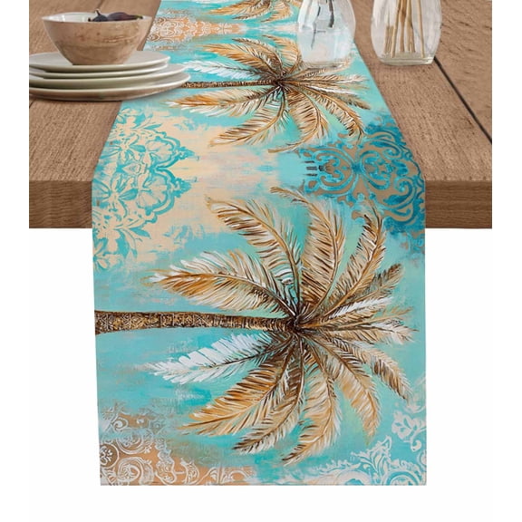 Table Runner Palm Leaves Table Decoration for Kitchen Dinning Tropical Coconut Tree Teal Table Decoration for Indoor Outdoor Party Wedding Decor 13x72inch
