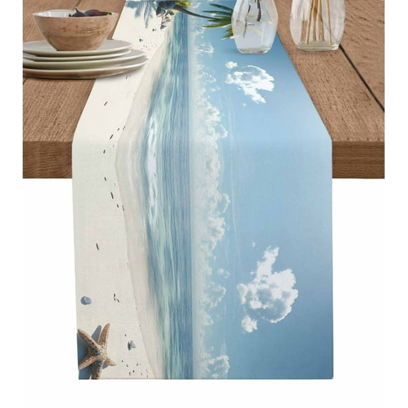 Table Runner Palm Tree Beach Ocean Table Decoration for Kitchen Dinning Sky Starfish Shell Table Decoration for Indoor Outdoor Party Wedding Decor 13x90inch