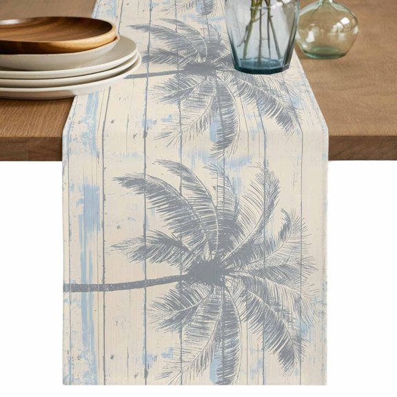 Table Runner Palm Tree Hand Drawn Soft Linen Style Table Runner Cloth Retro Wood Grain Dining Table Decor for Kitchen, Dining Room, Parties, Holiday & Everyday Use 13x36 Inch