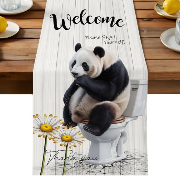 Table Runner Panda Sitting on The Toilet Decorative Table Runner for Kitchen Funny Animal Daisy Wood Dinning Runner for Party Wedding Holiday Indoor Outdoor 13x36inch