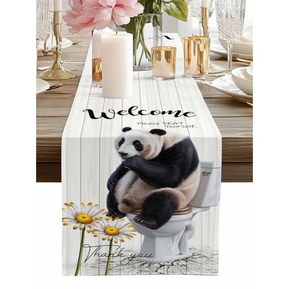 Table Runner Panda Sitting on The Toilet Table Runners Funny Animal Daisy Wood Cotton Linen Dresser Scarf Kitchen Dining Table Decor for Home Dinner Party Decor 13x36 Inch