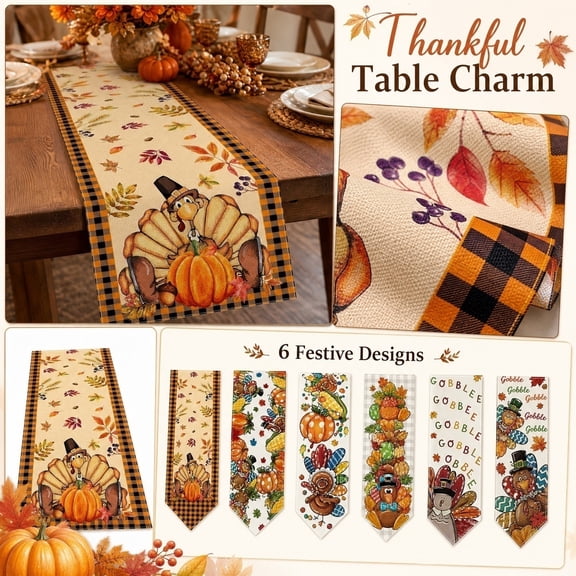 Table Runner for Party, Fall Home Decor, Thanksgiving Table Decorations, Cute Rustic Turkey Pumpkin Fall Decor, 72 X 13 Inch Cartoon Turkey Fall Harvest Pattern Long Dining Table