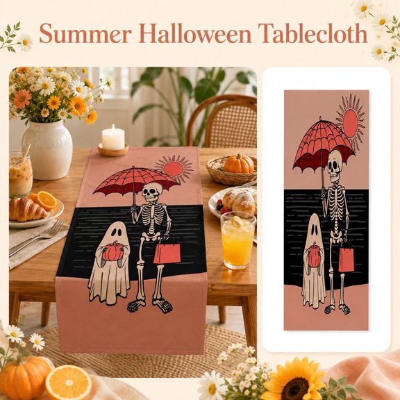 Table Runner for Party, Fall Table Decorations, Skeleton Halloween Decor, Halloween Ghost Decorations, 13×72 Inch Retro Illustrated Fabric Table Topper with Trick-Or-Treat