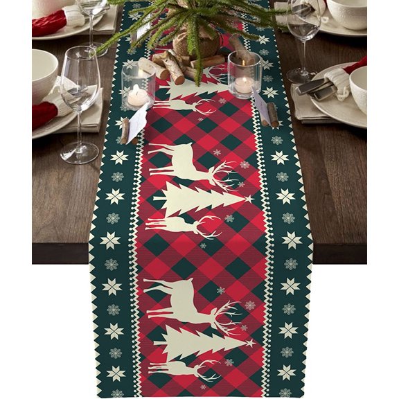 Christmas Table Runner 13.8x72 Inch - Red & Green Buffalo Plaid with Reindeer & Tree Silhouettes, Farmhouse Holiday Decor for Dining Table, Xmas Party Centerpiece, Winter Home Accent