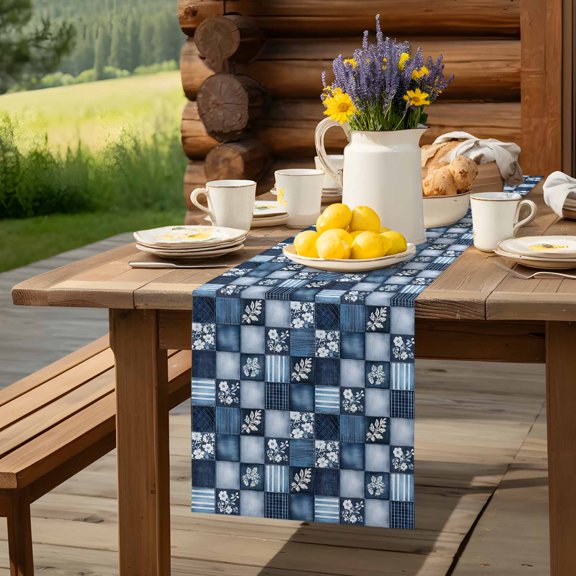 Table Runner,Pastoral Flower Floral on Retro Kitchen Dining Table Runners Tabletop Decorations Blue Striped Checkered Tablerunner Drsser Sarvs for Home Partyo Wdedeng Birthday Decor,13x36in