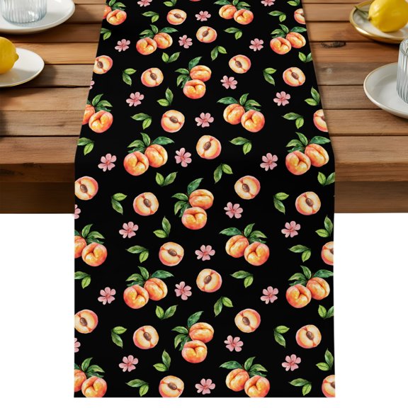 Table Runner Peaches Decorative Table Runner for Kitchen Flowers Summer Fruit Black Dinning Runner for Party Wedding Holiday Indoor Outdoor 13x36inch