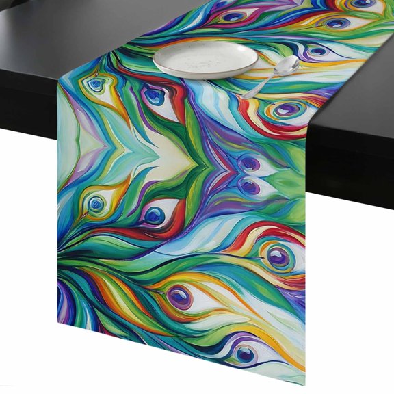 Table Runner Peacock Feather Decorative Dining Table Runner Abstract Modern Art Kitchen Table Decoration for Home, Holiday and Party Use 13x36 Inch
