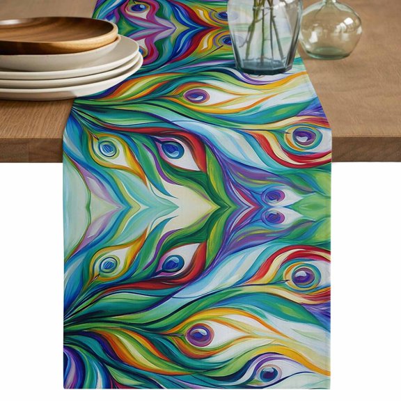Table Runner Peacock Feather Soft Linen Style Table Runner Cloth Abstract Modern Art Dining Table Decor for Kitchen, Dining Room, Parties, Holiday & Everyday Use 13x36 Inch