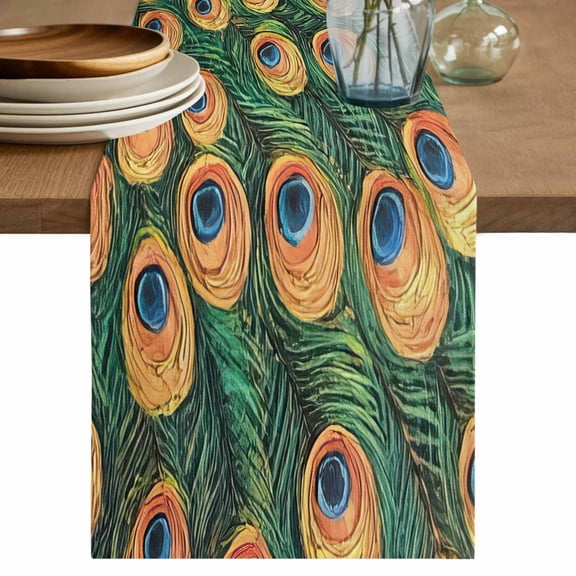Table Runner Peacock Soft Linen Style Table Runner Cloth Peacock Feather Dining Table Decor for Kitchen, Dining Room, Parties, Holiday & Everyday Use 13x36 Inch