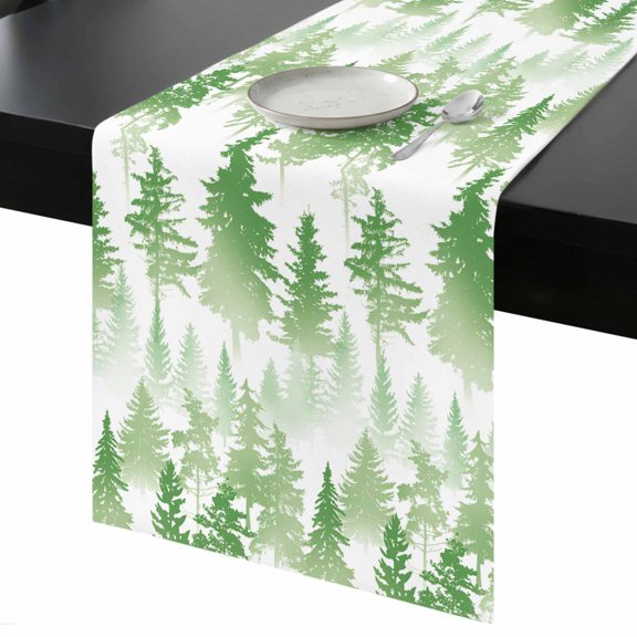 Table Runner Pine Tree Decorative Dining Table Runner Nature Foggy Forest Green Ombre Kitchen Table Decoration for Home, Holiday and Party Use 13x36 Inch