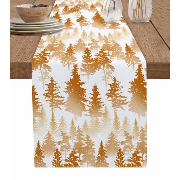 Table Runner Pine Tree Table Decoration for Kitchen Dinning Nature Foggy Forest Orange Ombre Table Decoration for Indoor Outdoor Party Wedding Decor 13x90inch