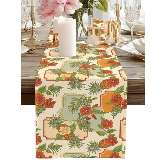 Table Runner Pineapple Table Runners Tropical Fruit Palm Leaves Cotton Linen Dresser Scarf Kitchen Dining Table Decor for Home Dinner Party Decor 13x36 Inch