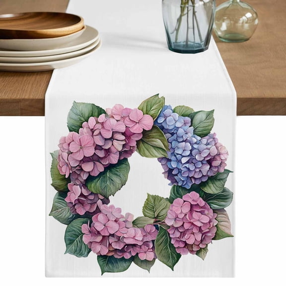 Table Runner Pink Blue Wreath Soft Linen Style Table Runner Cloth Watercolor Flower Dining Table Decor for Kitchen, Dining Room, Parties, Holiday & Everyday Use 13x36 Inch