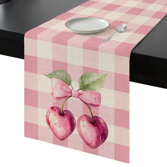 Table Runner Pink Bow Cherry Decorative Dining Table Runner Pink Check Kitchen Table Decoration for Home, Holiday and Party Use 13x36 Inch