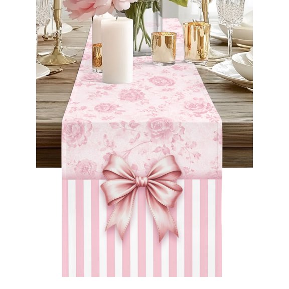 Table Runner Pink Bow Tie Table Runners Knot Floral Stripes Cotton Linen Dresser Scarf Kitchen Dining Table Decor for Holiday Party Home Decor 13x36 Inch