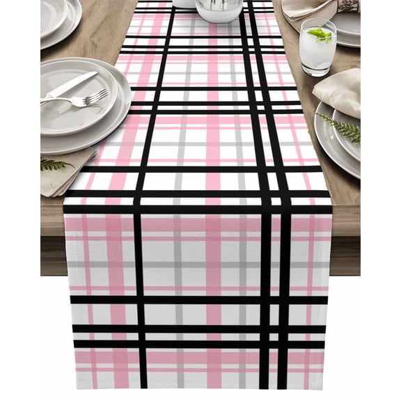 Table Runner Pink Buffalo Plaid Table Decoration for Kitchen Dinning Black Check Stripe Table Decoration for Indoor Outdoor Party Wedding Decor 13x72inch