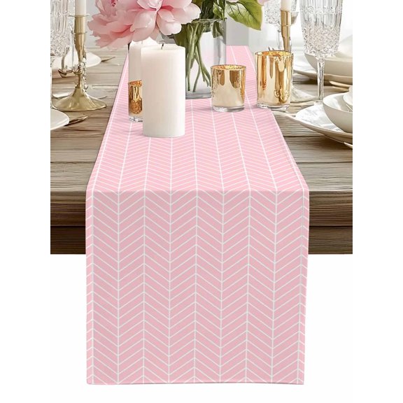 Table Runner Pink Chevron Stripes Table Runners Modern Geometric Texture Cotton Linen Dresser Scarf Kitchen Dining Table Decor for Home Dinner Party Decor 13x36 Inch