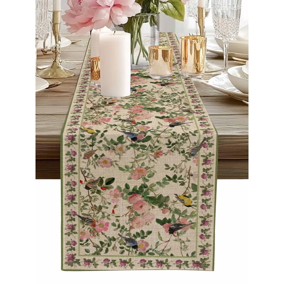 Table Runner Pink Floral Bird Table Runners Green Leaves Branches Linen Cotton Linen Dresser Scarf Kitchen Dining Table Decor for Home Dinner Party Decor 13x36 Inch
