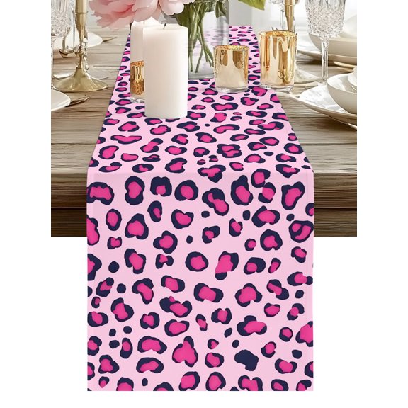 Table Runner Pink Leopard Print Table Runners Animal Hide Skin Fur Cotton Linen Dresser Scarf Kitchen Dining Table Decor for Holiday Party Home Decor 13x72 Inch