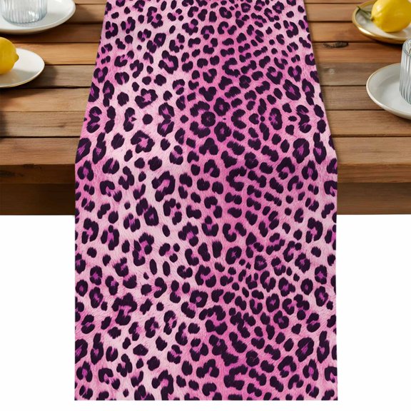 Table Runner Pink Leopard Print Table Runners Animal Skin Fur Cotton Linen Dresser Scarf Kitchen Dining Table Decor for Holiday Party Decor 13x36 Inch