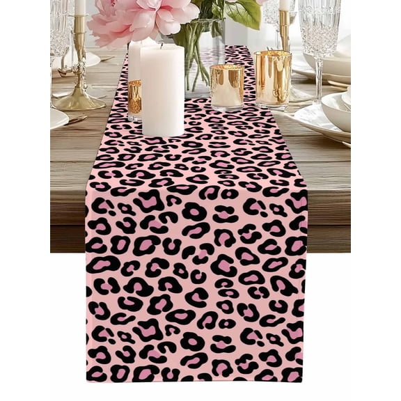 Table Runner Pink Leopard Print Table Runners Luxury Animal Fur Pattern Cotton Linen Dresser Scarf Kitchen Dining Table Decor for Home Dinner Party Decor 13x72 Inch