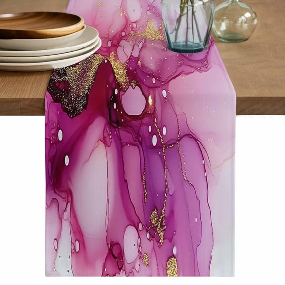 Table Runner Pink Marble Soft Linen Style Table Runner Cloth Golden Waves Abstract Art Dining Table Decor for Kitchen, Dining Room, Parties, Holiday & Everyday Use 13x36 Inch