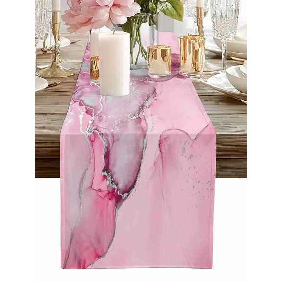 Table Runner Pink Marble Table Runners Abstract Waves Cloud Cotton Linen Dresser Scarf Kitchen Dining Table Decor for Home Dinner Party Decor 13x36 Inch