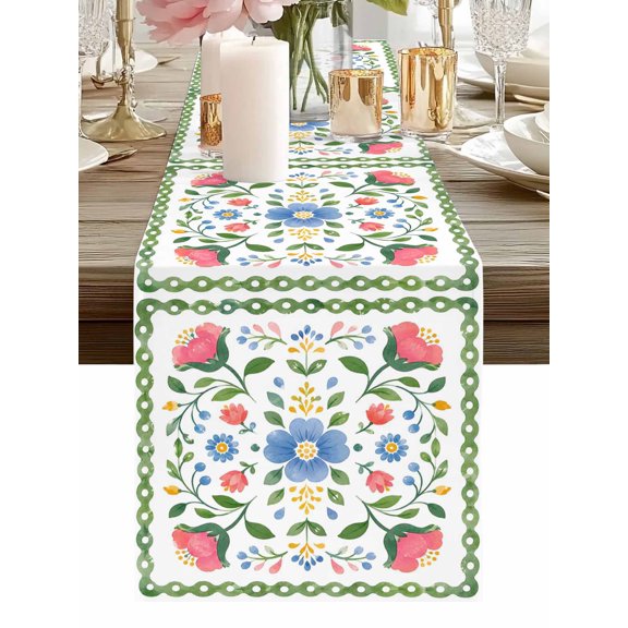 Table Runner Pink Peony Table Runners Blue Wildflowers Green Leaves Vines Cotton Linen Dresser Scarf Kitchen Dining Table Decor for Holiday Party Home Decor 13x36 Inch