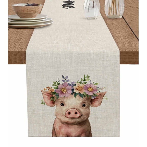 Table Runner Pink Pig Table Decoration for Kitchen Dinning Flower Wreath Table Decoration for Indoor Outdoor Party Wedding Decor 13x72 Inch