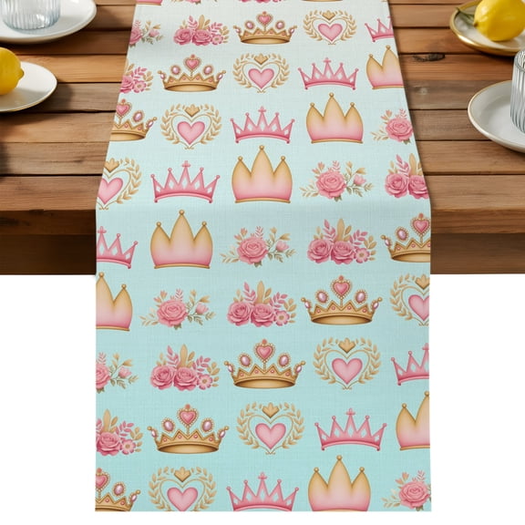 Table Runner Pink Princess Crown Decorative Table Runner for Kitchen Roses Flowers Love Gradient Blue Dinning Runner for Party Wedding Holiday Indoor Outdoor 13x90inch