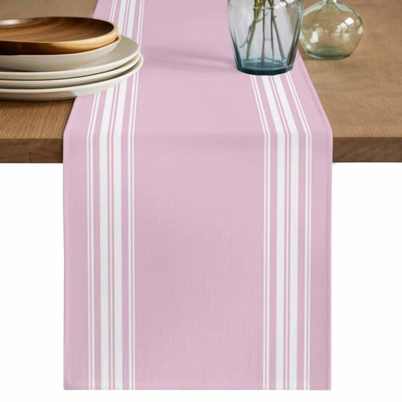 Table Runner Pink Stripes Soft Linen Style Table Runner Cloth French Stripe Farmhouse Style Dining Table Decor for Kitchen, Dining Room, Parties, Holiday & Everyday Use 13x36 Inch