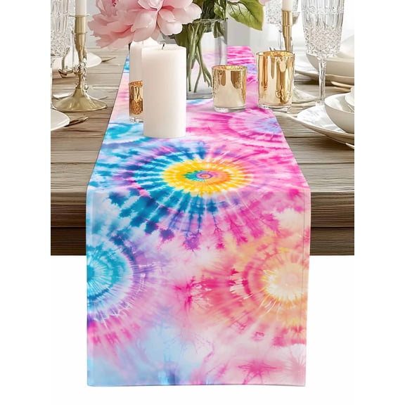 Table Runner Pink Tie-Dye Art Table Runners Abstract Boho Dyeing Cotton Linen Dresser Scarf Kitchen Dining Table Decor for Home Dinner Party Decor 13x36 Inch
