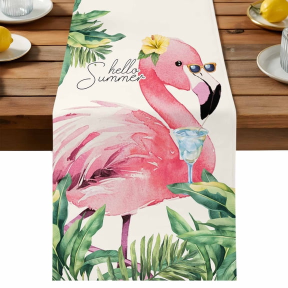 Table Runner Pink Tropical Flamingos Decorative Table Runner for Kitchen Hello Summer Palm Leaf Dinning Runner for Party Wedding Holiday Indoor Outdoor 13x36inch