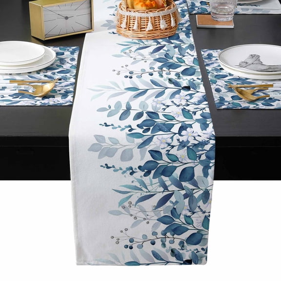 Table Runner and Placemats Set of 4 Blue Eucalyptus Leaves Table Runner with Matching Placemats Blue Leaf Berry Table Mats Set for Kitchen Dining Table Decor Dresser Scarf 13x70 Inch