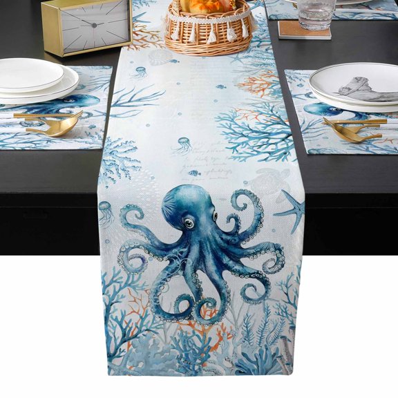 Table Runner and Placemats Set of 4 Blue Octopus Table Runner with Matching Placemats Ocean Coral Starfish Table Mats Set for Kitchen Dining Table Decor Dresser Scarf 13x70 Inch