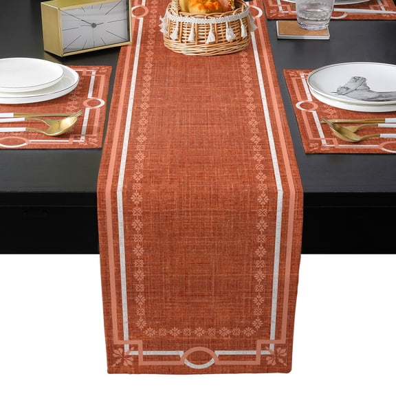 Table Runner and Placemats Set of 4 Burnt Orange Linen Border Table Runner with Matching Placemats Floral Lines Frame Table Mats Set for Kitchen Dining Table Decor Dresser Scarf 13x70 Inch