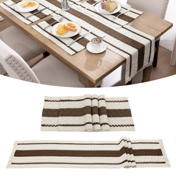 Table Runner and Placemats Set of 4, Yamaziot Washable Fabric Rectangle Dining Table Mats with Tassels, 12"x70" Table Flag & 13"x18" Place Mats, Brown
