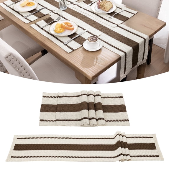 Table Runner, Yamaziot Placemats Set of 4 Washable Fabric Rectangle Dining Table Mats with Tassels, 12"x70" Table Flag & 13"x18" Place Mats, Brown