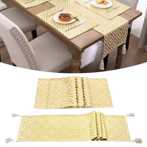 Table Runner and Placemats Set of 4, Yamaziot Washable Fabric Rectangle Dining Table Mats with Tassels, 13"x70" Table Flag & 13"x18" Place Mats, Yellow