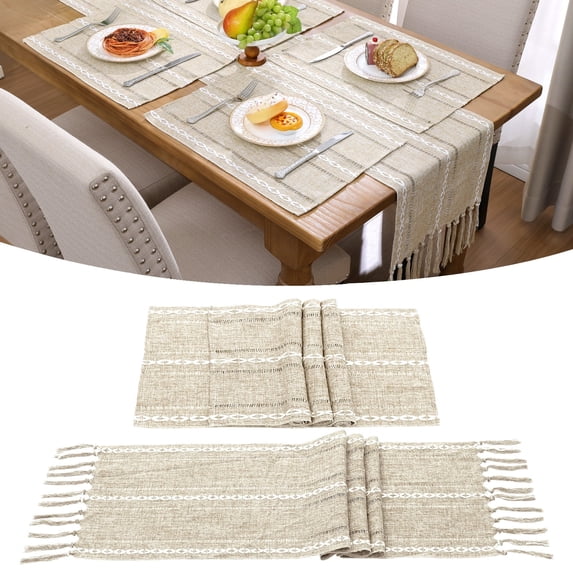 Table Runner and Placemats Set of 4, Yamaziot Washable Fabric Rectangle Dining Table Mats with Tassels, 13"x72" Table Flag & 13"x18" Place Mats, Beige