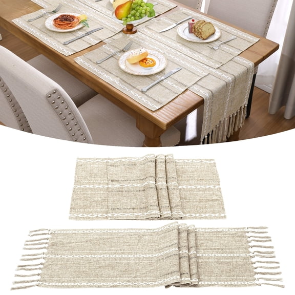 Table Runner and Placemats Set of 4, Yamaziot Washable Fabric Rectangle Dining Table Mats with Tassels, 13"x72" Table Flag & 13"x18" Place Mats, Beige