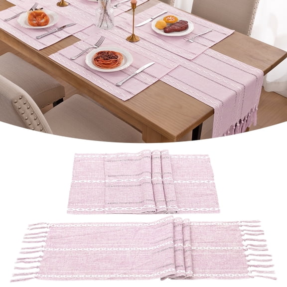 Table Runner and Placemats Set of 4, Yamaziot Washable Fabric Rectangle Dining Table Mats with Tassels, 13"x72" Table Flag & 13"x18" Place Mats, Braided Pink