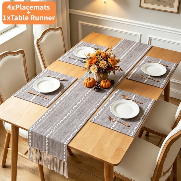 Table Runner and Placemats Set of 4, Yamaziot Washable Fabric Rectangle Dining Table Mats with Tassels, 13"x72" Table Flag & 13"x18" Place Mats, Brown