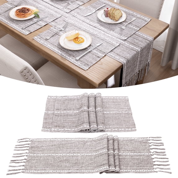 Table Runner and Placemats Set of 4, Yamaziot Washable Fabric Rectangle Dining Table Mats with Tassels, 13"x72" Table Flag & 13"x18" Place Mats, Brown